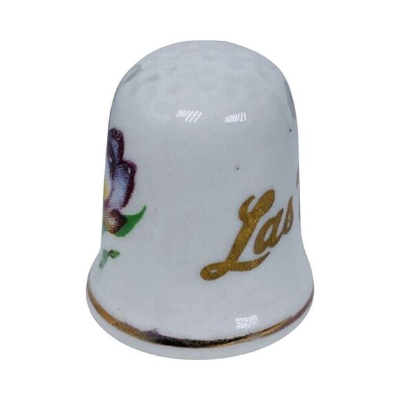 Vintage Las Vegas Purple Flower Sewing Thimble 1" White Ceramic Gold Trim - Picture 3 of 6